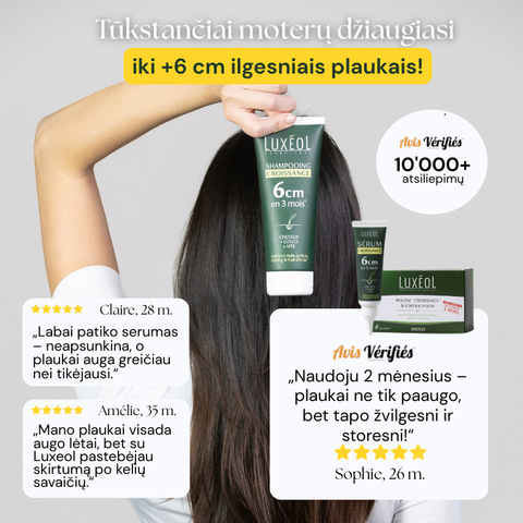 Luxéol hair care products with a person holding hair, testimonials, and product packaging.